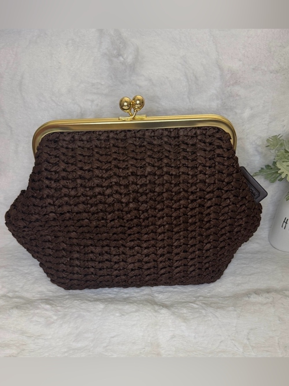 Coach Chocolate Brown Woven Clutch with Gold Kisslock Frame Size 27